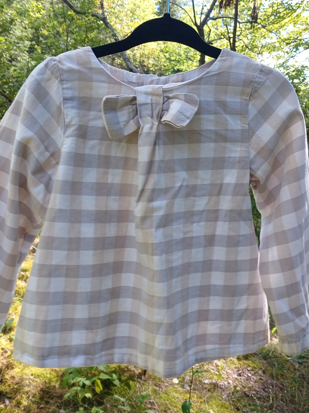 Jacadi Little Girls' Plaid Bow-Front Long-Sleeve Top - Beige, grey & white